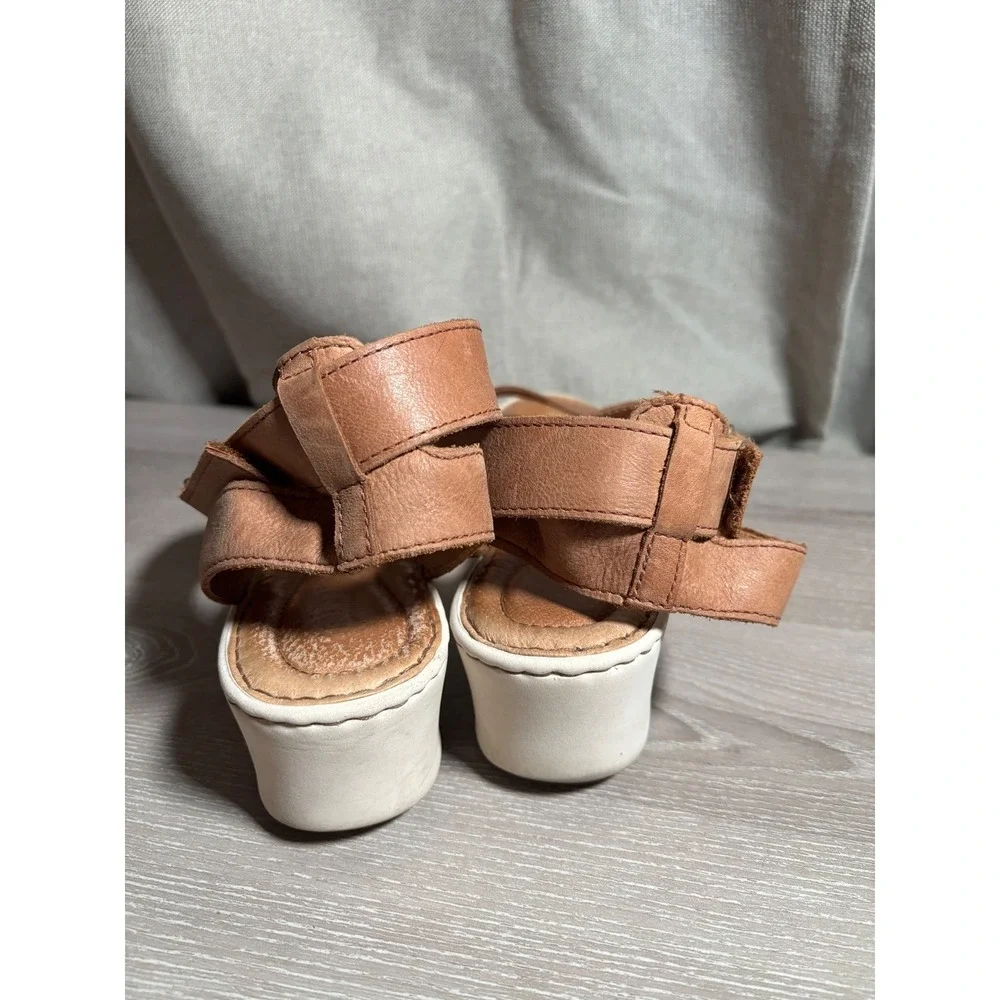 Born Womens 9 M Tan Brown Leather Cross Strap Wedge Sandals Boho Beach Festival